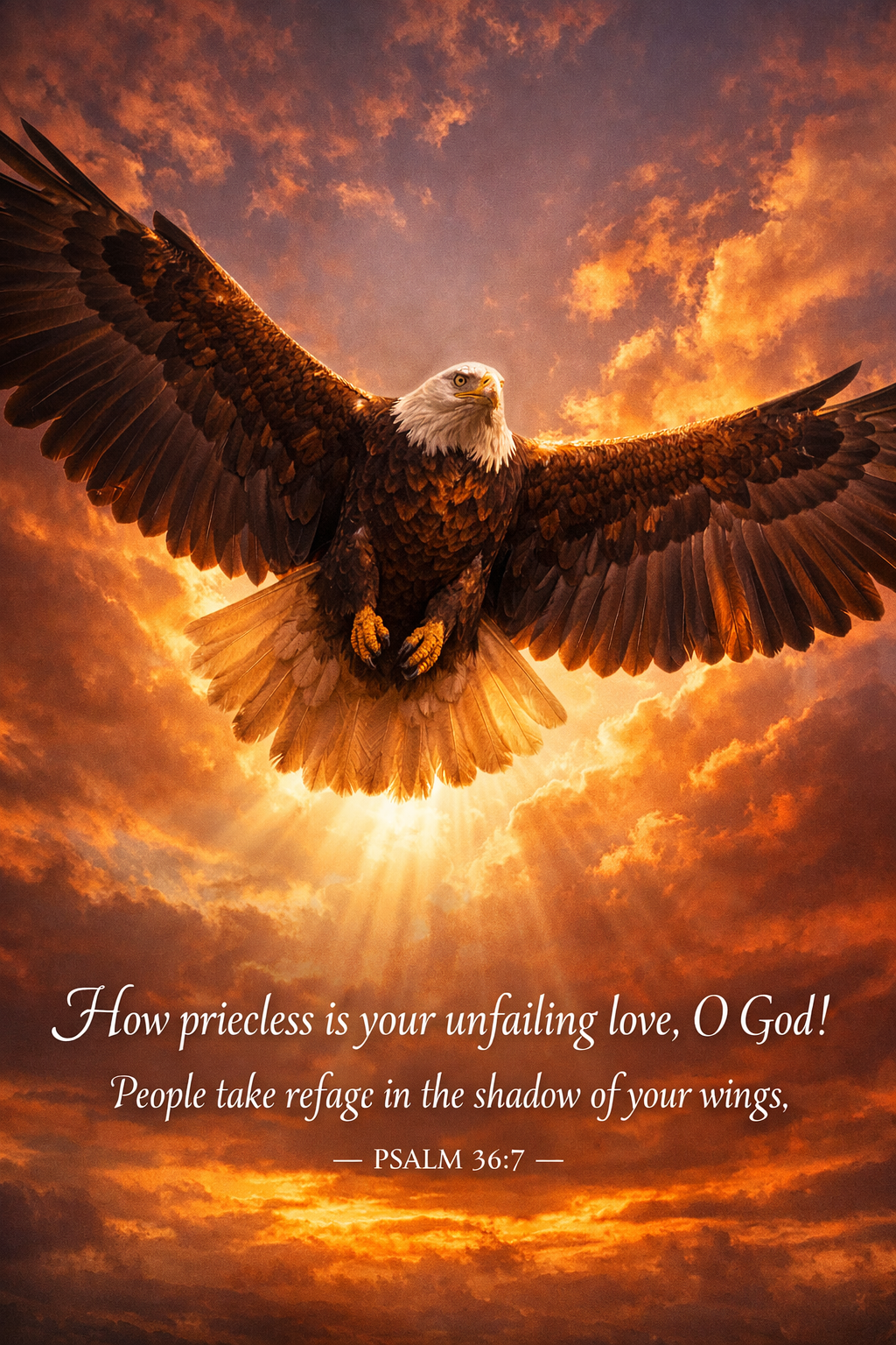 Bible verse Psalm 36:7 eagle wingspan sunset sky shadow of wings vertical wallpaper